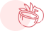 A imagem mostra um ícone estilizado de um de coco, com traços finos e contornos em rosa sobre um fundo circular suave