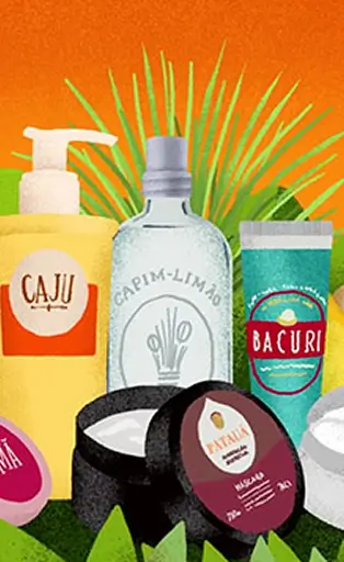 Ilustração colorida com diversos produtos cosméticos naturais em embalagens variadas, rodeados por frutas como romã, caju, manga e folhas verdes, sobre fundo laranja vibrante.